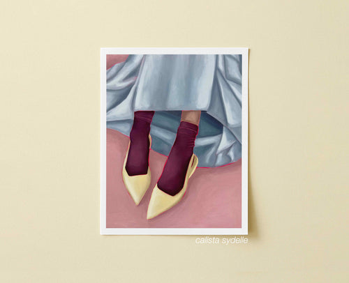 Print of a person wearing yellow shoes, maroon socks, and a light blue skirt on a pink background.