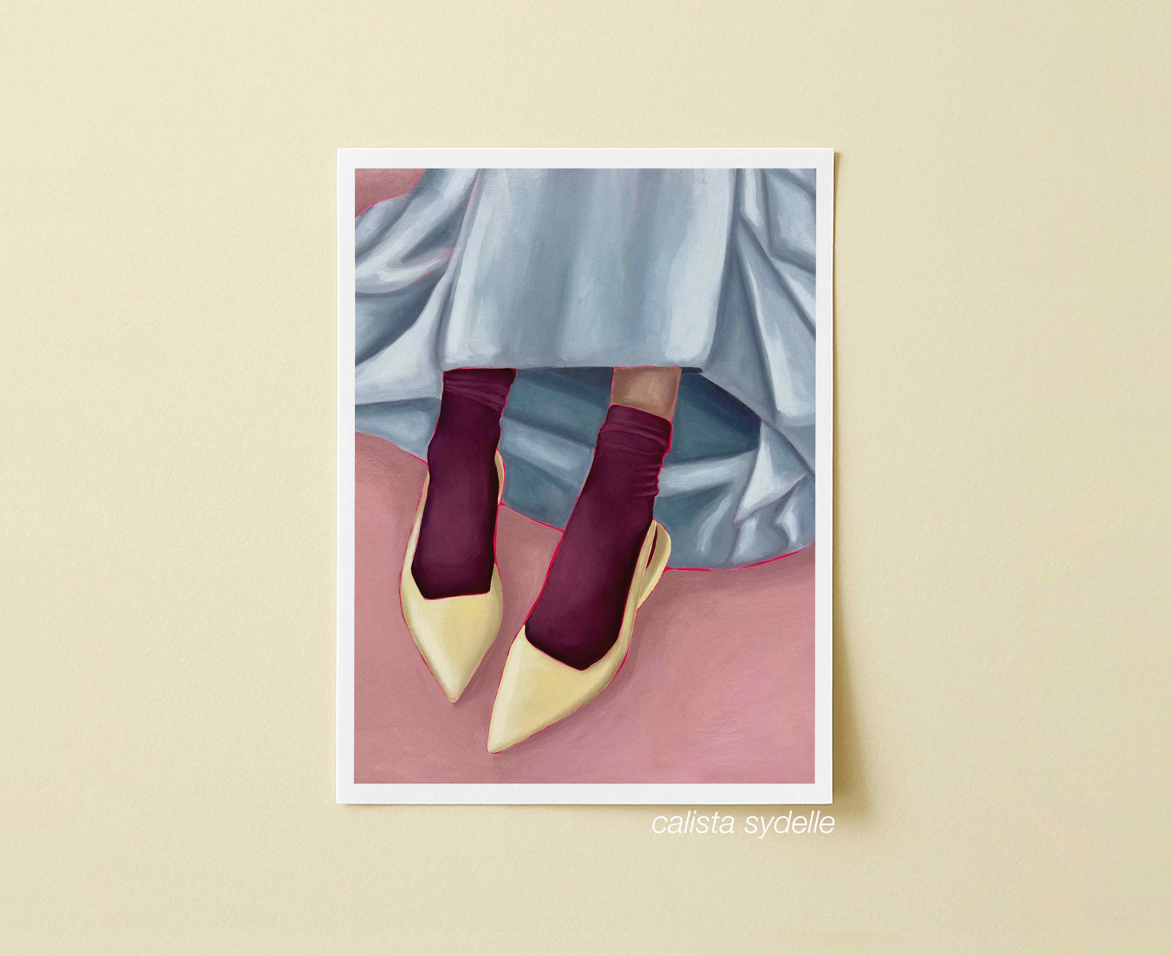 Print of a person wearing yellow shoes, maroon socks, and a light blue skirt on a pink background.