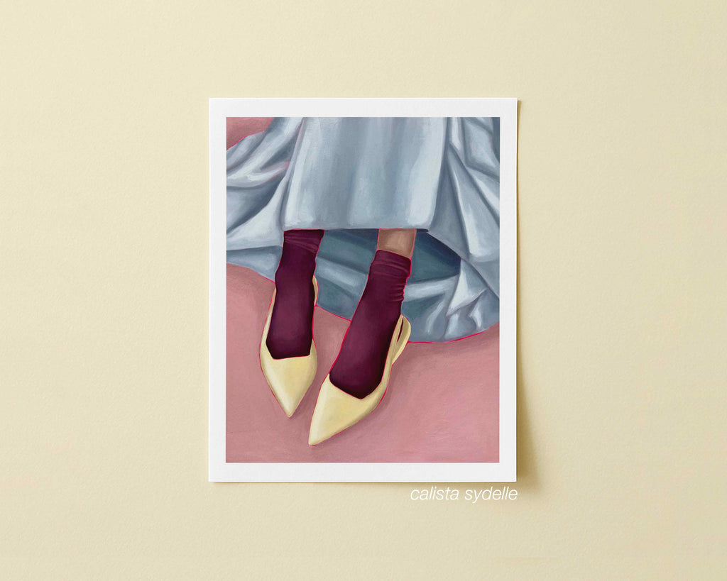 Print of a person wearing yellow shoes, maroon socks, and a light blue skirt on a pink background.