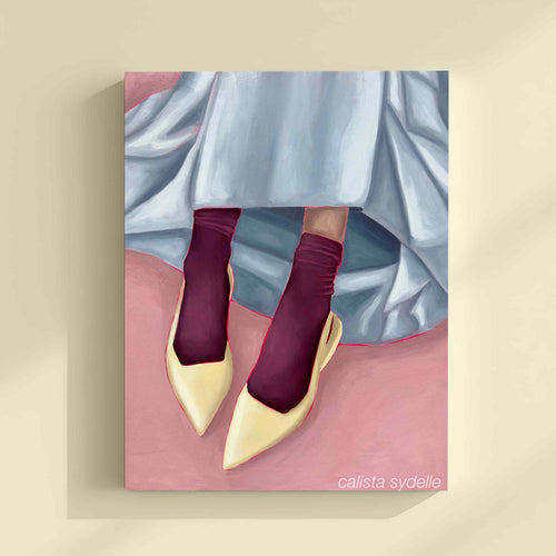 Painting of a person wearing yellow shoes, maroon socks, and a light blue skirt on a pink background.