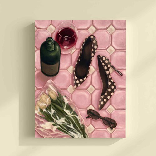 Painting of pink tiled floor with a wine bottle, glass, shoes, flowers, and sunglasses