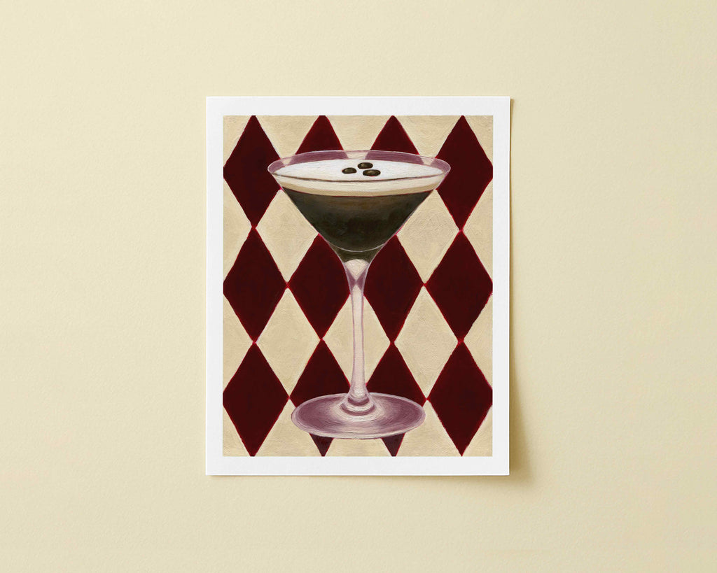Print of a brown espresso cocktail with a diamond checkered background