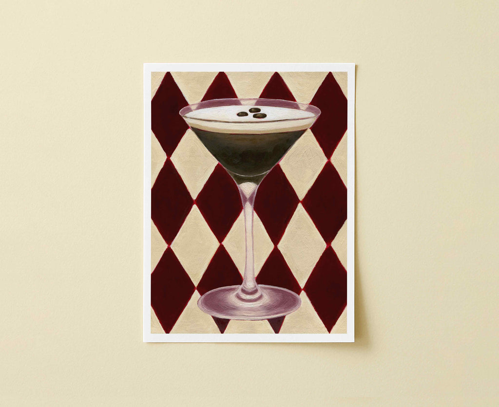 Print of a brown espresso cocktail with a diamond checkered background