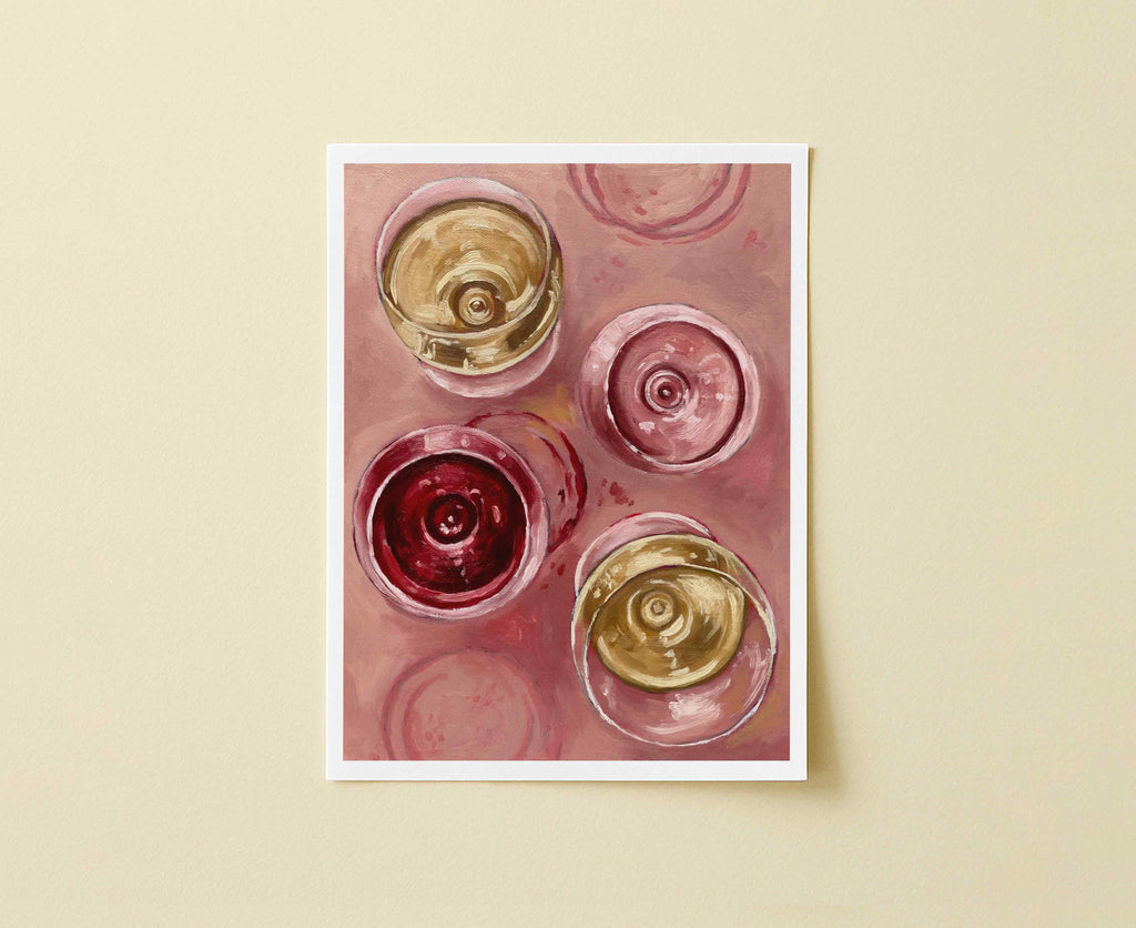 Print of wine glasses top view on a pink background. 