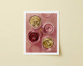 Print of wine glasses top view on a pink background. 