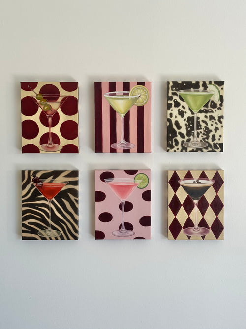 Six colorful paintings with cocktail-themed designs on a white background