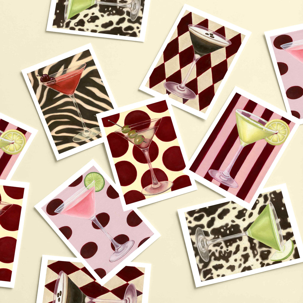 Collage of cocktail-themed cards with various patterns on a beige background