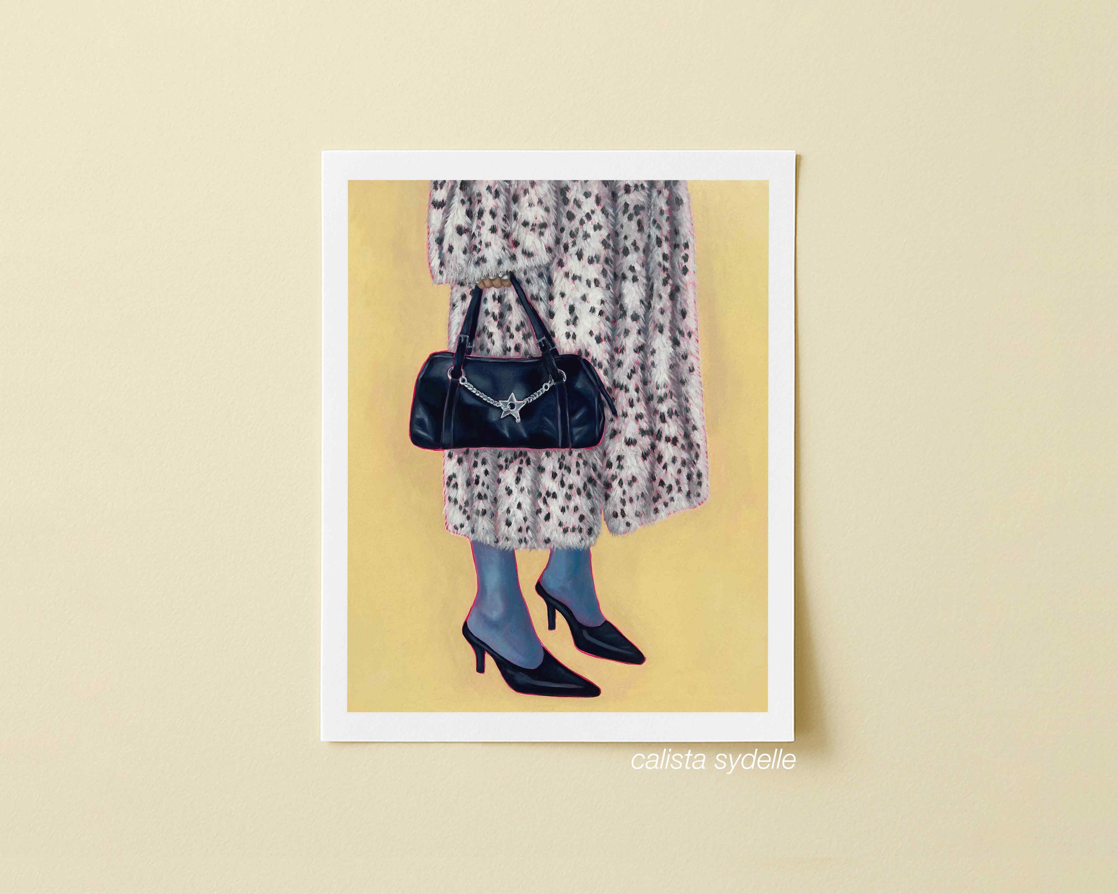 Print of a woman wearing a patterned fur coat and holding a black handbag on a yellow background with blue tights.