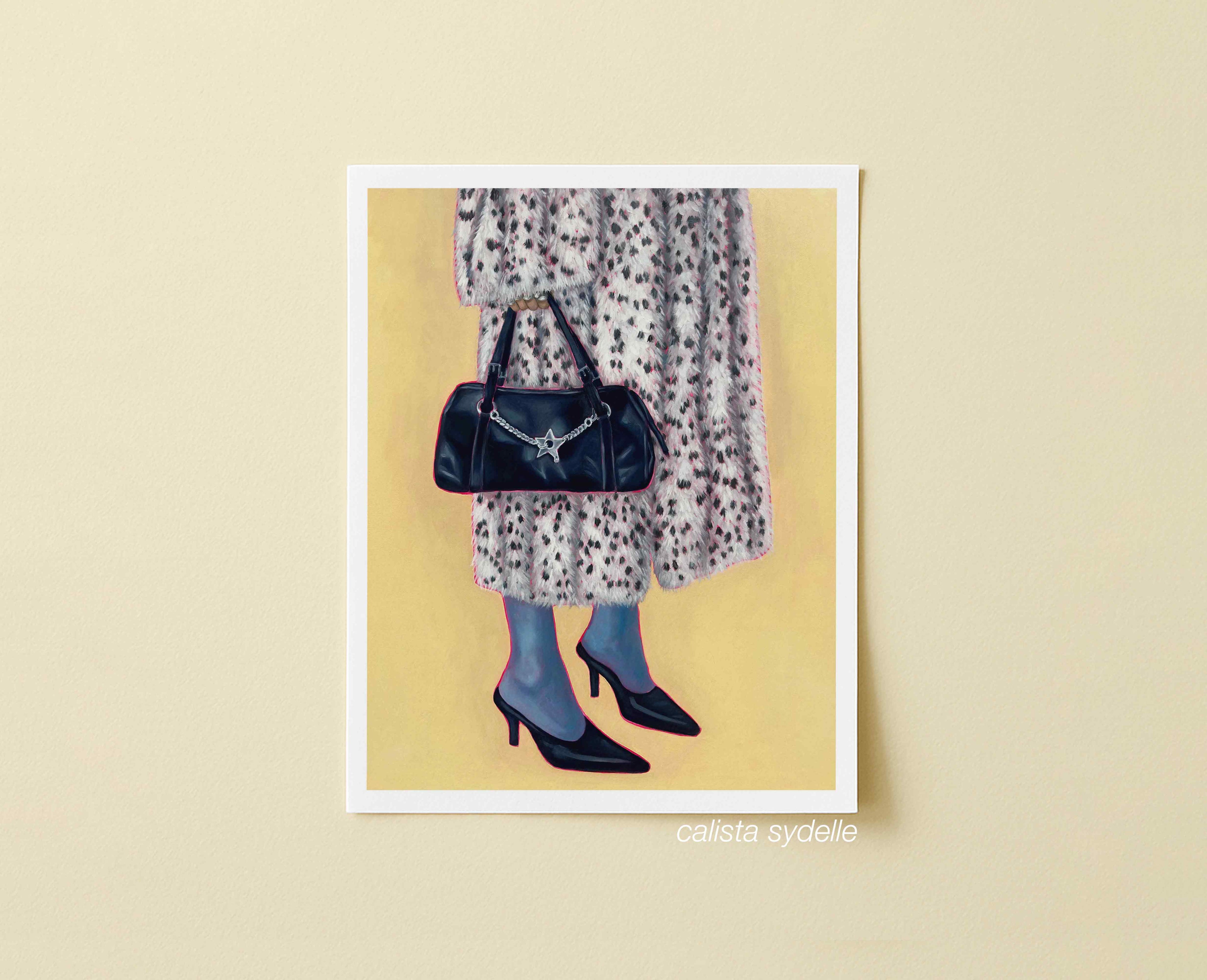 Print of a woman wearing a patterned fur coat and holding a black handbag on a yellow background with blue tights.
