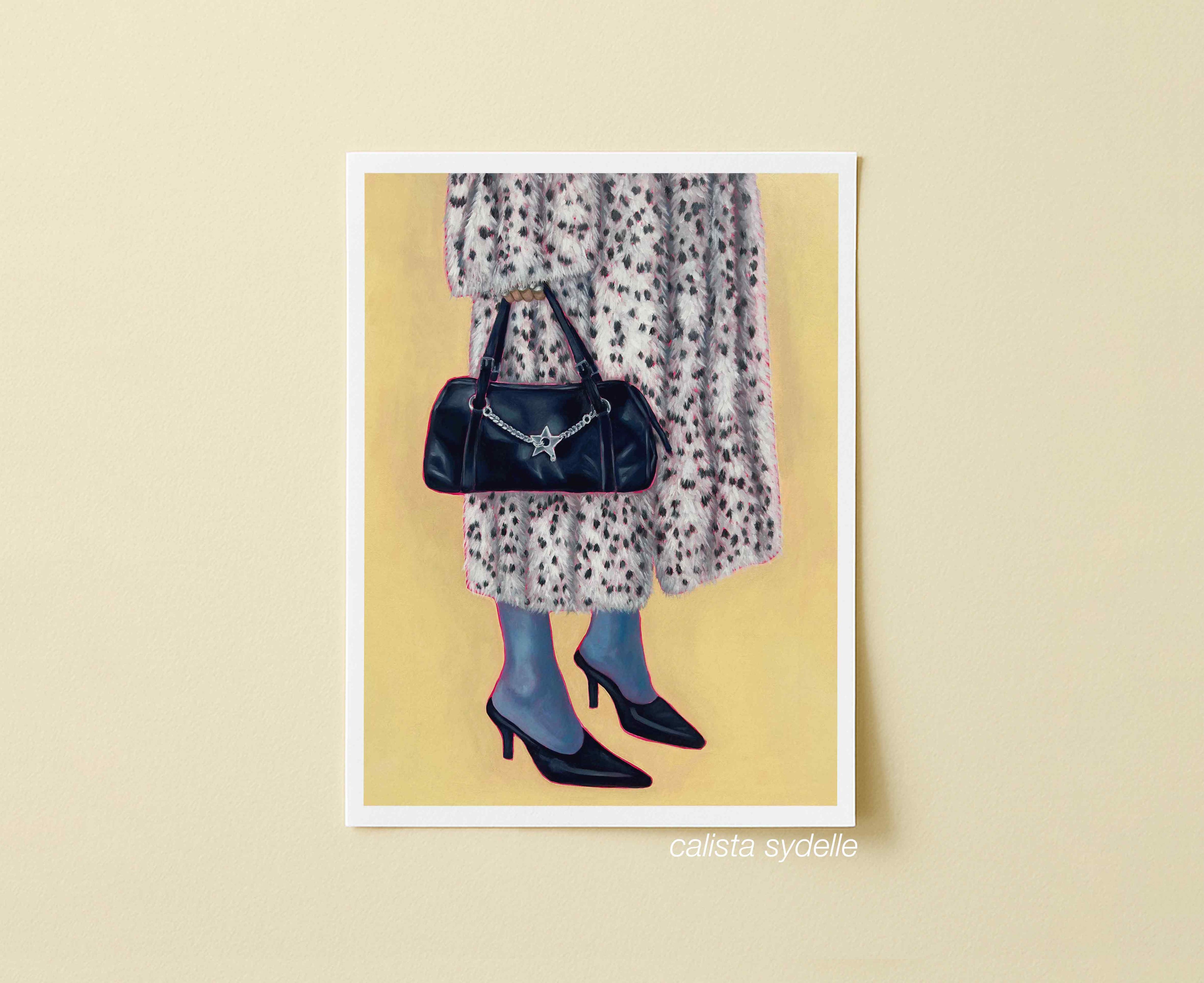 Print of a woman wearing a patterned fur coat and holding a black handbag on a yellow background with blue tights.