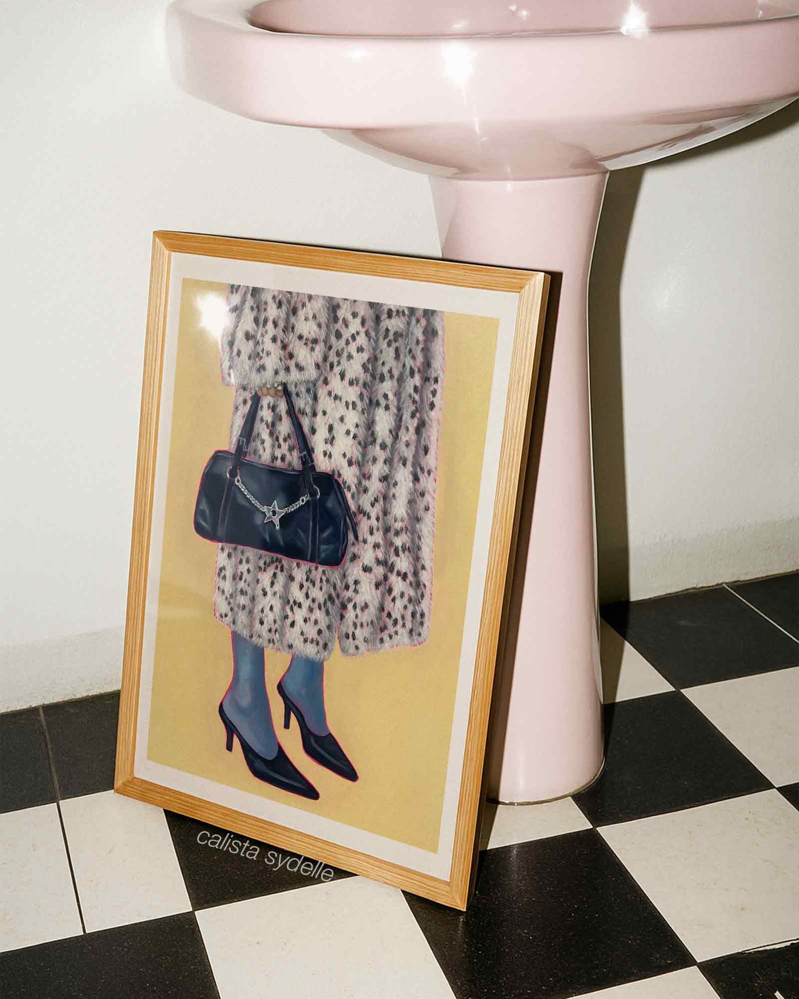 Framed picture of a person in a fur coat with a handbag on a checkered floor.